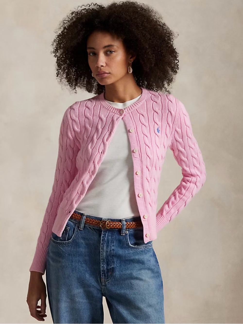 Polo Ralph Lauren Cable-Knit Cotton Crewneck Cardigan Pink S